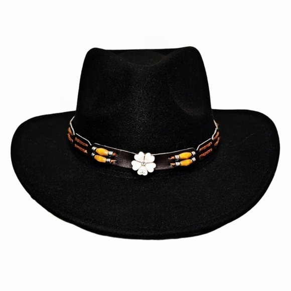Black Cowboy Hat w/Removable Hat Band Adorned w/Designer Button - Picture 2 of 9